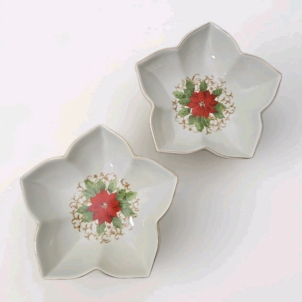 Poinsettia Christmas Holiday Candy Dish Gold Trim Vtg Essex Mfg, Inc. Porcelain